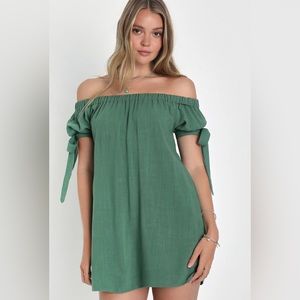 Lulu’s Al Fresco Evenings Olive Green Off-the-Shoulder Dress